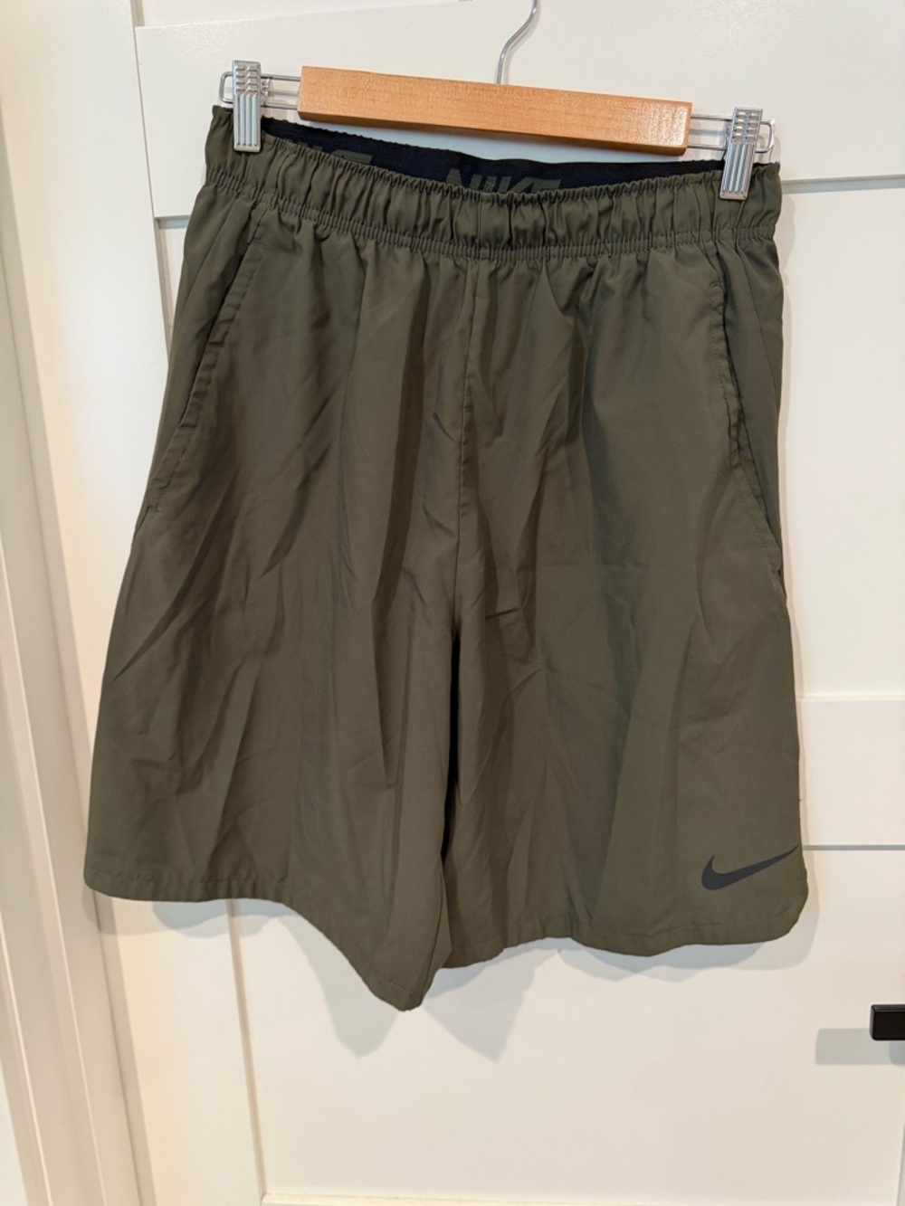 Nike Men's Olive Performance Running Shorts with Swoosh | Size Medium